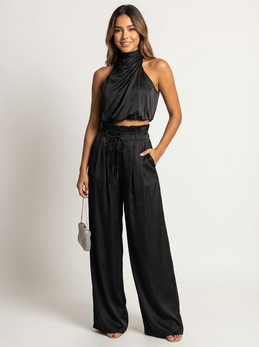 Satijnen set dames met haltertop en wijde broek