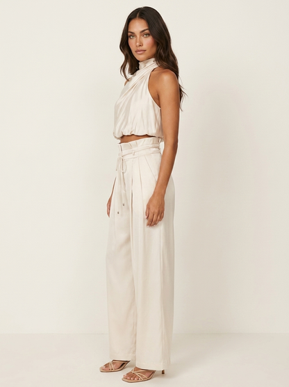 Satijnen set dames met haltertop en wijde broek
