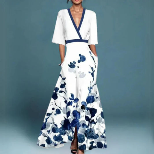 Elegante maxi jurk met bloemenprint dames - vrouwelijke stijlvolle lange jurk