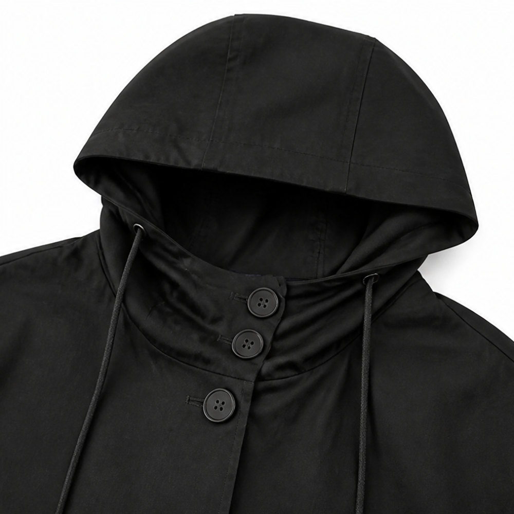Lange jas dames met capuchon - detailfoto
