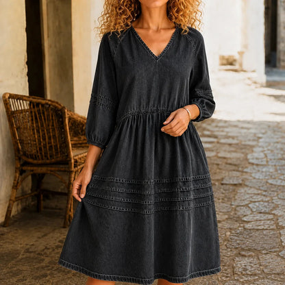 Denim jurk dames met pofmouw in Antraciet