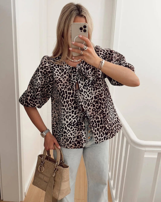 Blouse - Comfortabele Luipaardprint - Korte Mouwen - Vintage Stijl