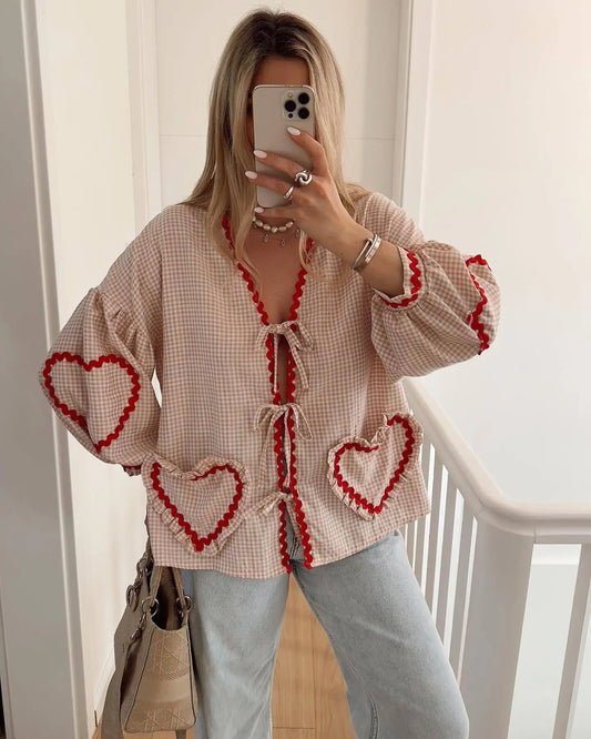 Jane - Vintage Dames Shirt met Losse Pasvorm en Hart Zakken