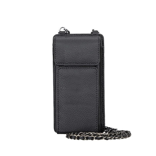 Zwarte leren telefoontas crossbody met kettingband, achterzijde