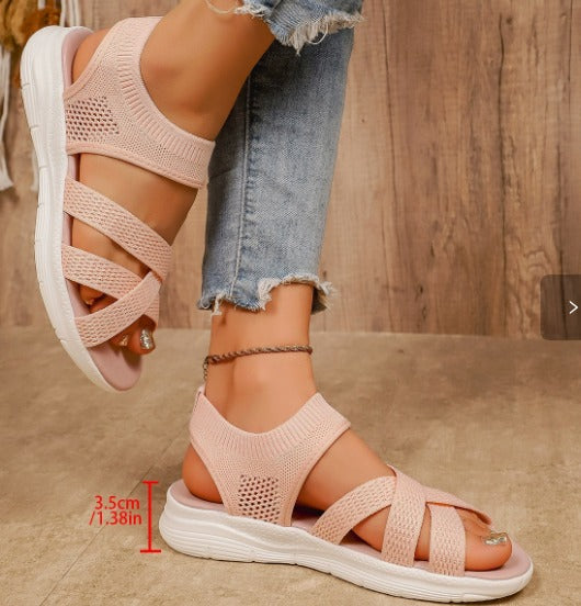Gebreide sandalen dames met plateauzool in roze