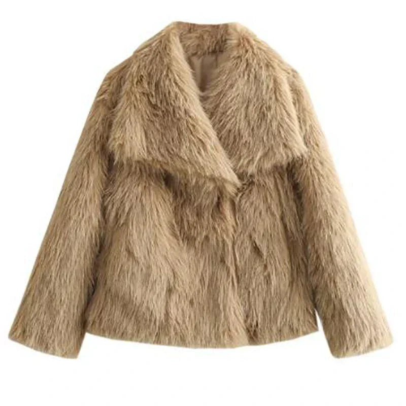 Imitatiebont jas dames met brede kraag in Camel