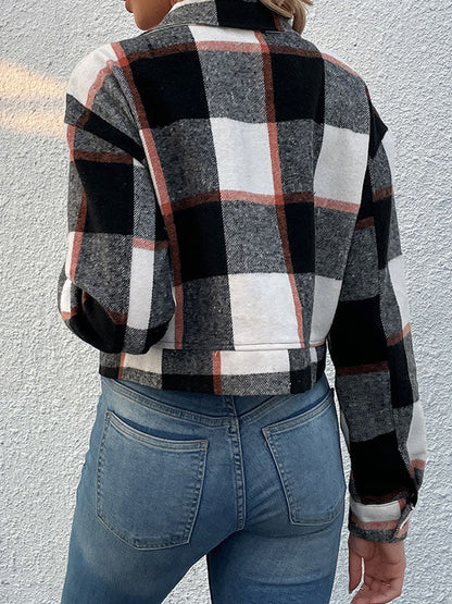 Geruit cropped jack dames met puntkraag en twee kleppenzakken