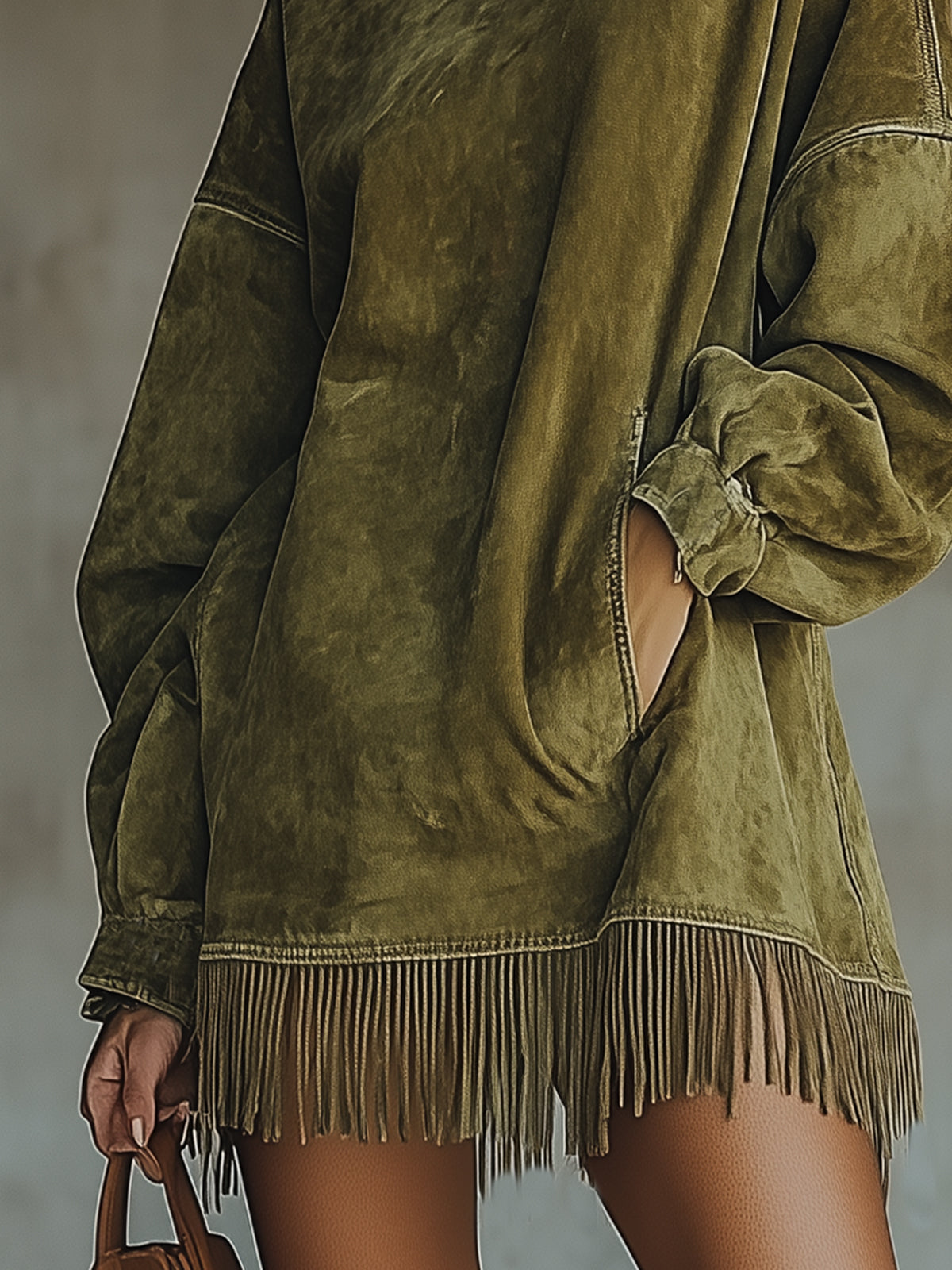 Oversized jurk met suèdelook en franjezoom - detailfoto