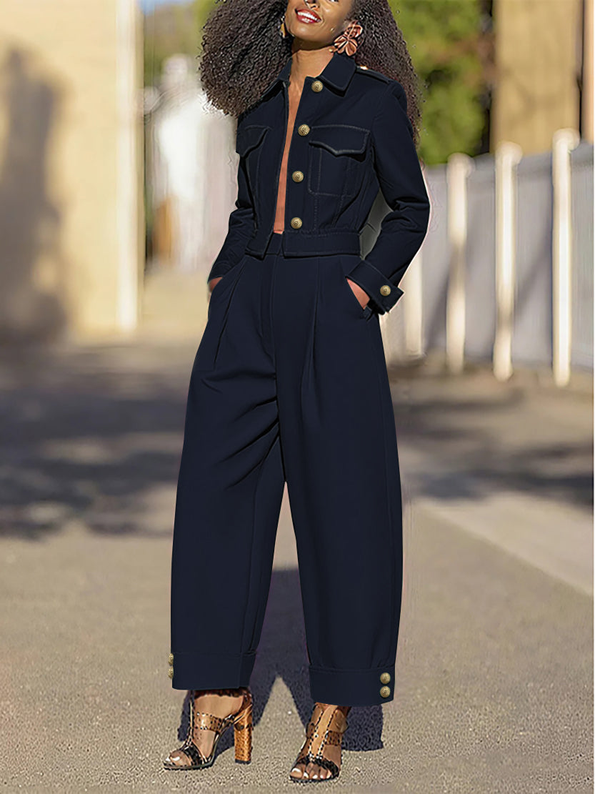 Cropped utility jack dames met revers en kleppenzakken