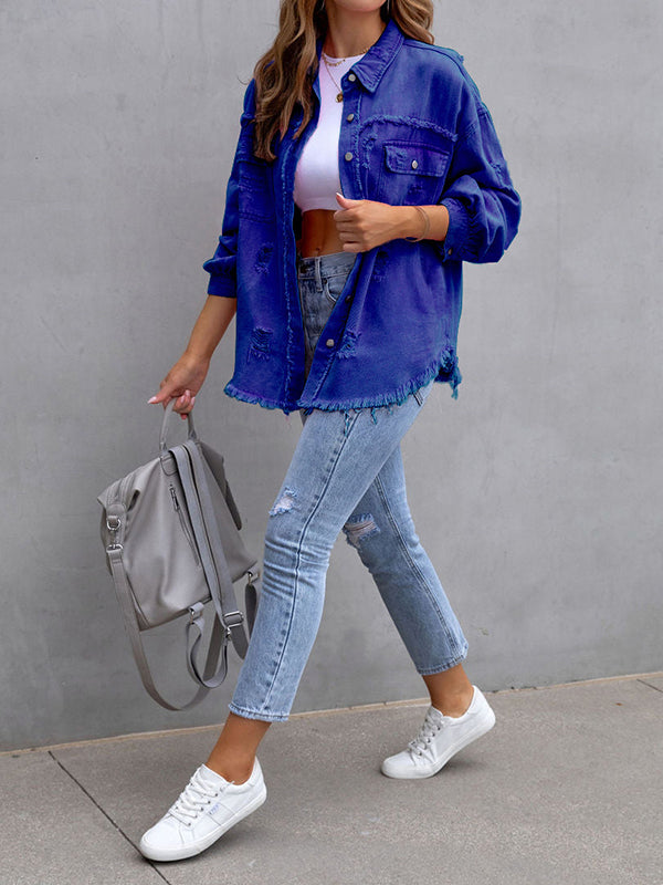 Oversized overhemdjack dames met rafelranden en borstzakken