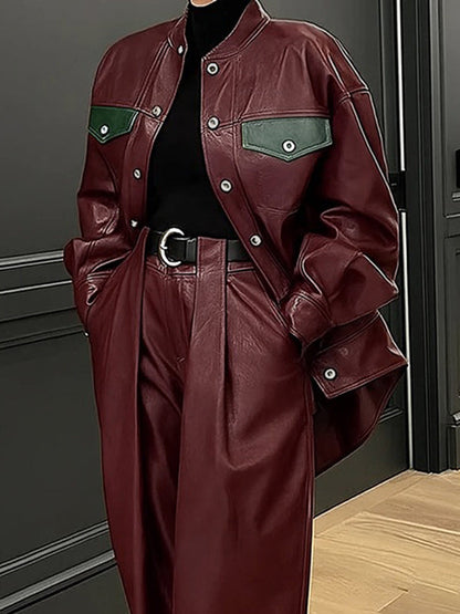Oversized bordeauxrood imitatieleren damesjack met groene klepzakken - bordeaux
