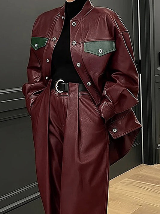 Oversized bordeauxrood imitatieleren damesjack met groene klepzakken - bordeaux