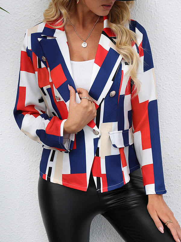 Cropped damesblazer met kleurvlakken in rood, blauw en wit - rood met blauw