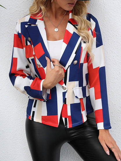 Cropped damesblazer met kleurvlakken in rood, blauw en wit - rood met blauw