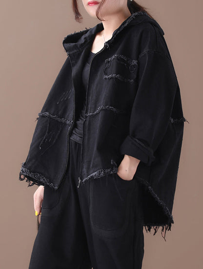 Oversized jack dames van gewassen katoen met capuchon en rafelnaden