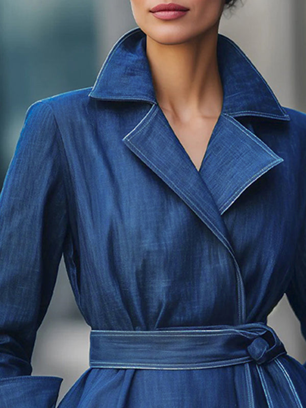 Blauw spijkerjack dames met brede revers en ceintuur