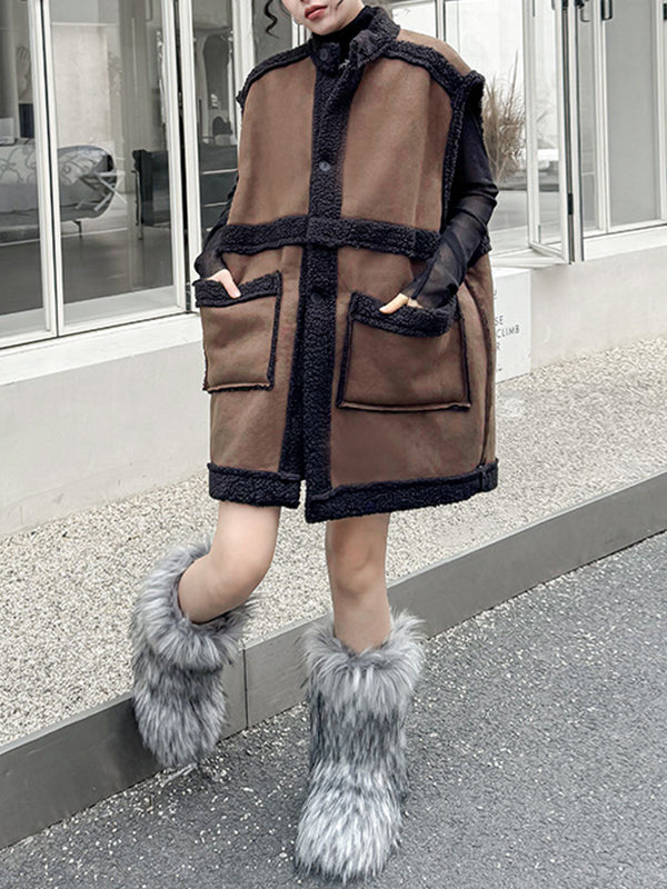 Mouwloos damesgilet in suède look met donkere teddybies - koffiebruin met zwart