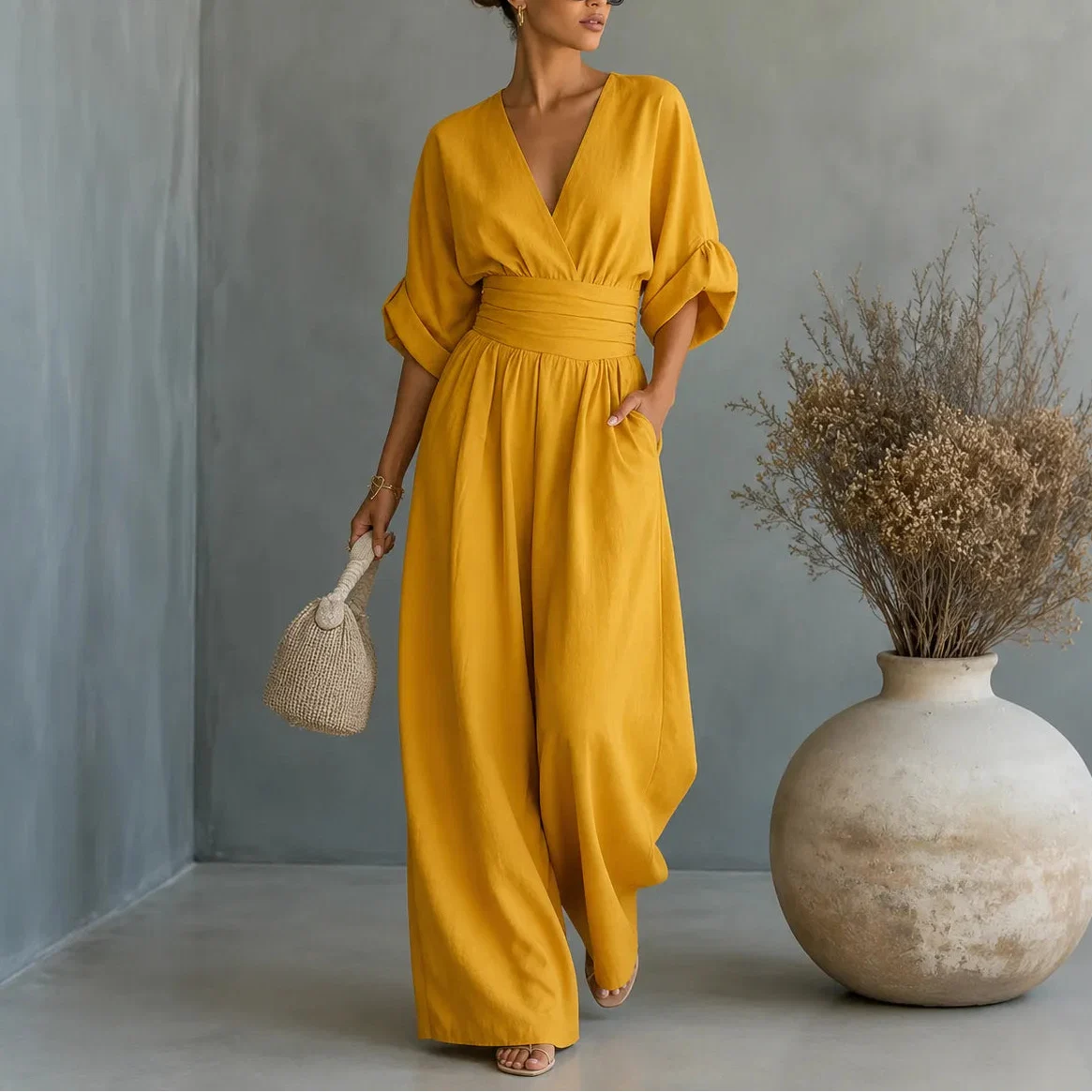 Jumpsuit dames met wijde pijp in Mosterdgeel