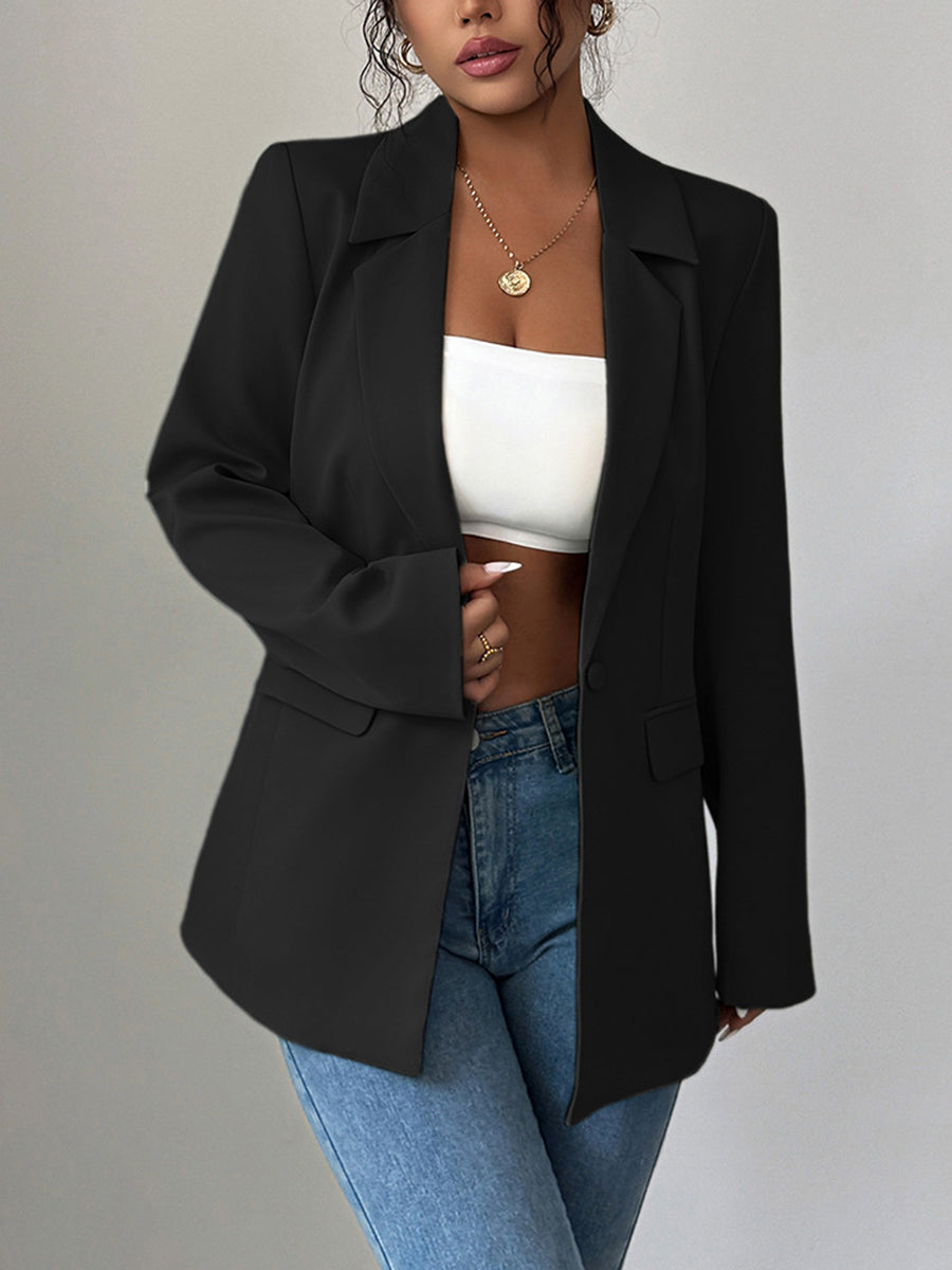 Ruimvallende blazer dames met revers en twee kleppenzakken - zwart