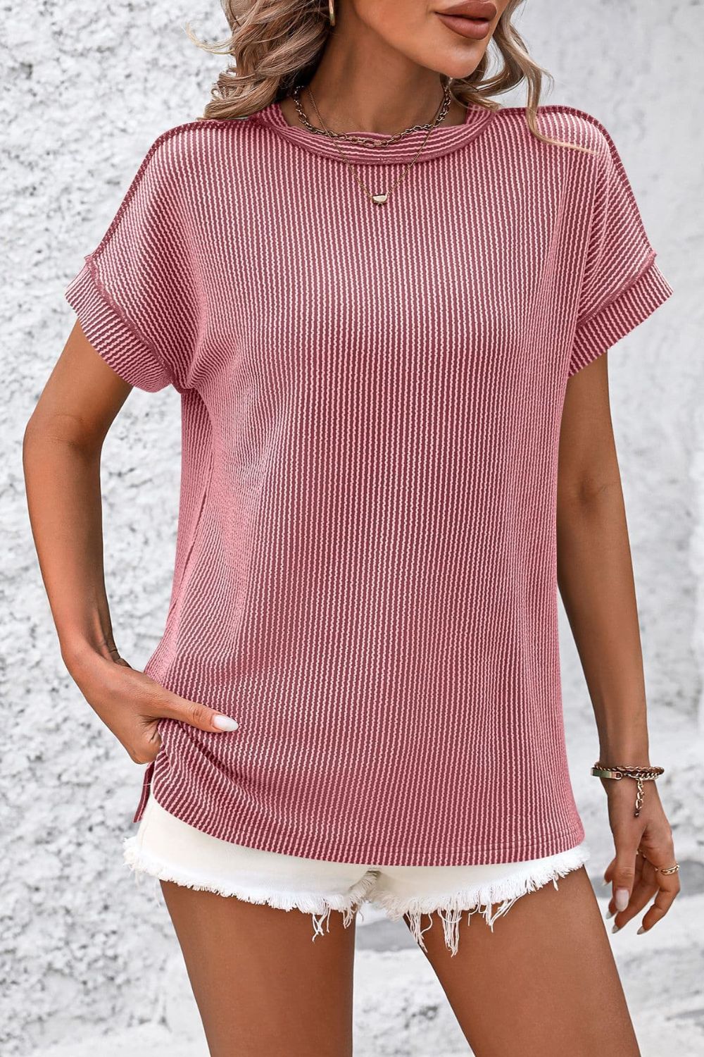 Ribshirt dames met korte mouw - detailfoto