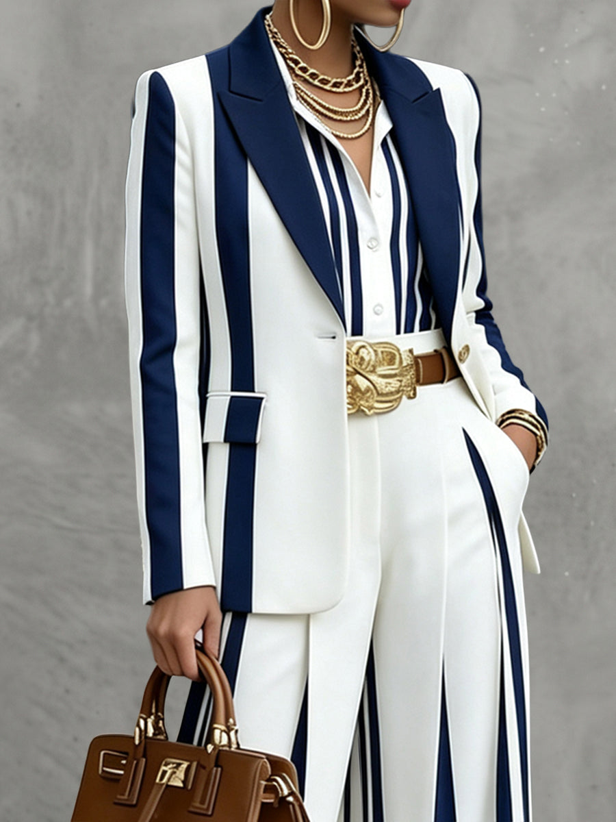 Gestreepte blazer dames in marineblauw en wit met revers - marineblauw / wit