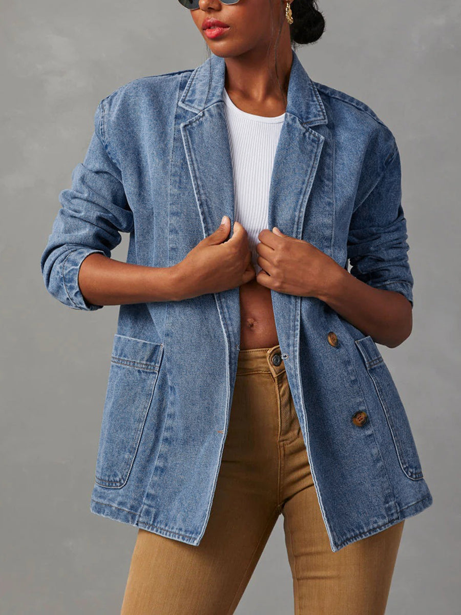 Damesblazer van middenblauwe denim met revers en opgestikte zakken - middenblauwe wassing