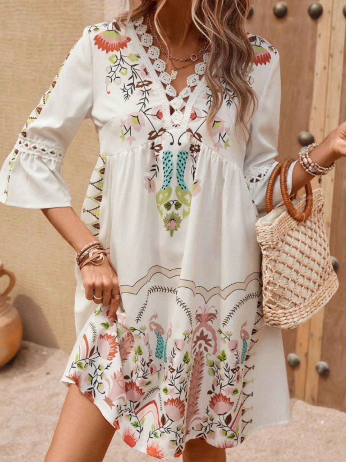 Jurk dames met borduurprint in Abrikoos