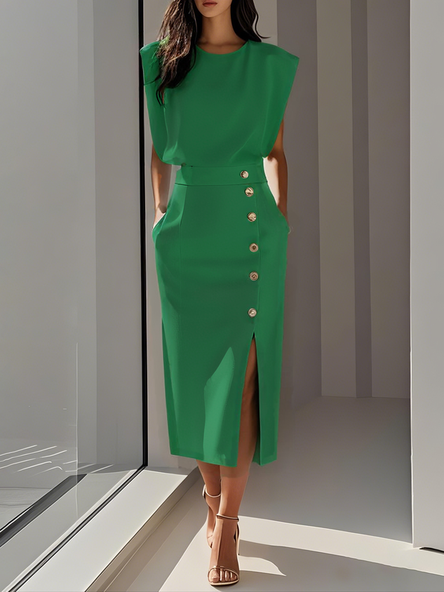 Midi jurk dames roze met knopen - elegante strakke midi-lengte