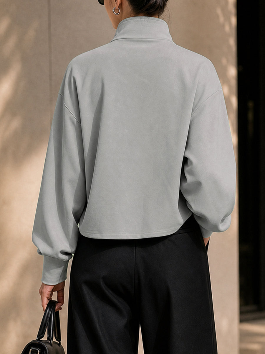 Oversized grijs damesjack met hoge opstaande kraag en rits