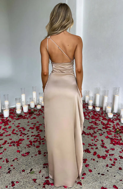 Satijnen splitjurk dames met één schouder, elegant - foto 5