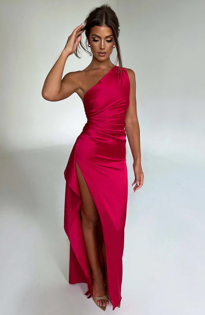 Satijnen splitjurk dames met één schouder, elegant - foto 3