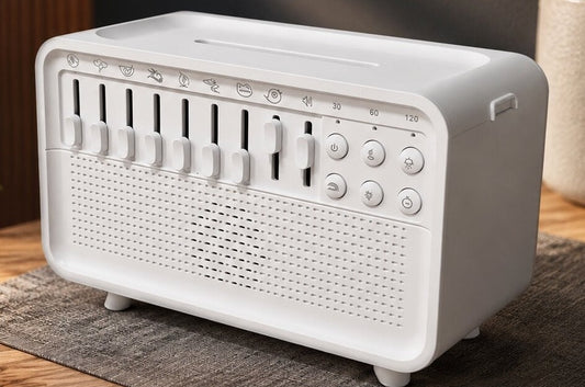 Aromadiffuser met witte ruis in de vorm van een retroradio met schuifknoppen