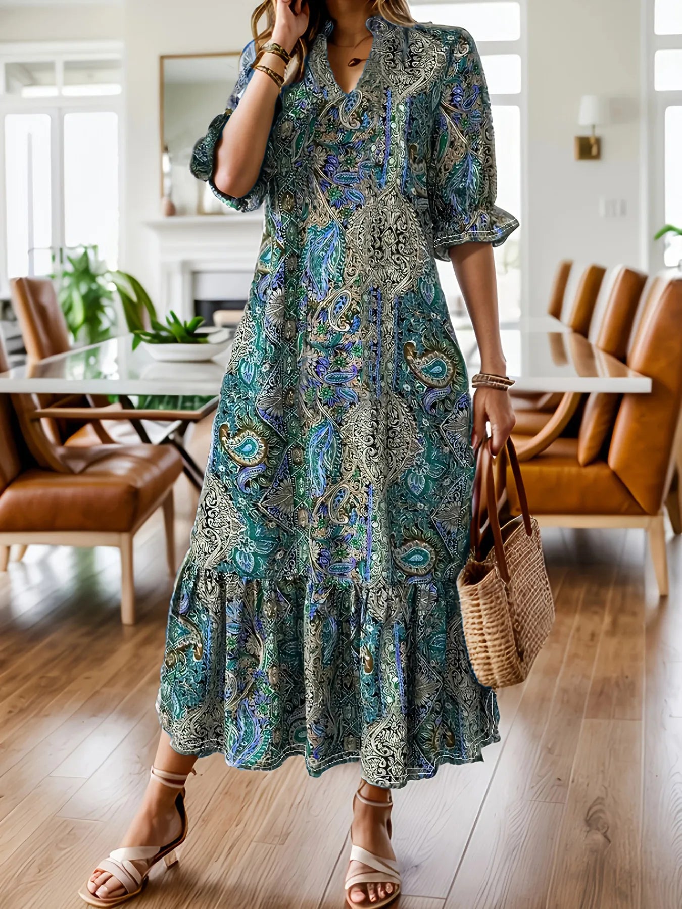 Midi-jurk dames met paisleyprint in Petrol