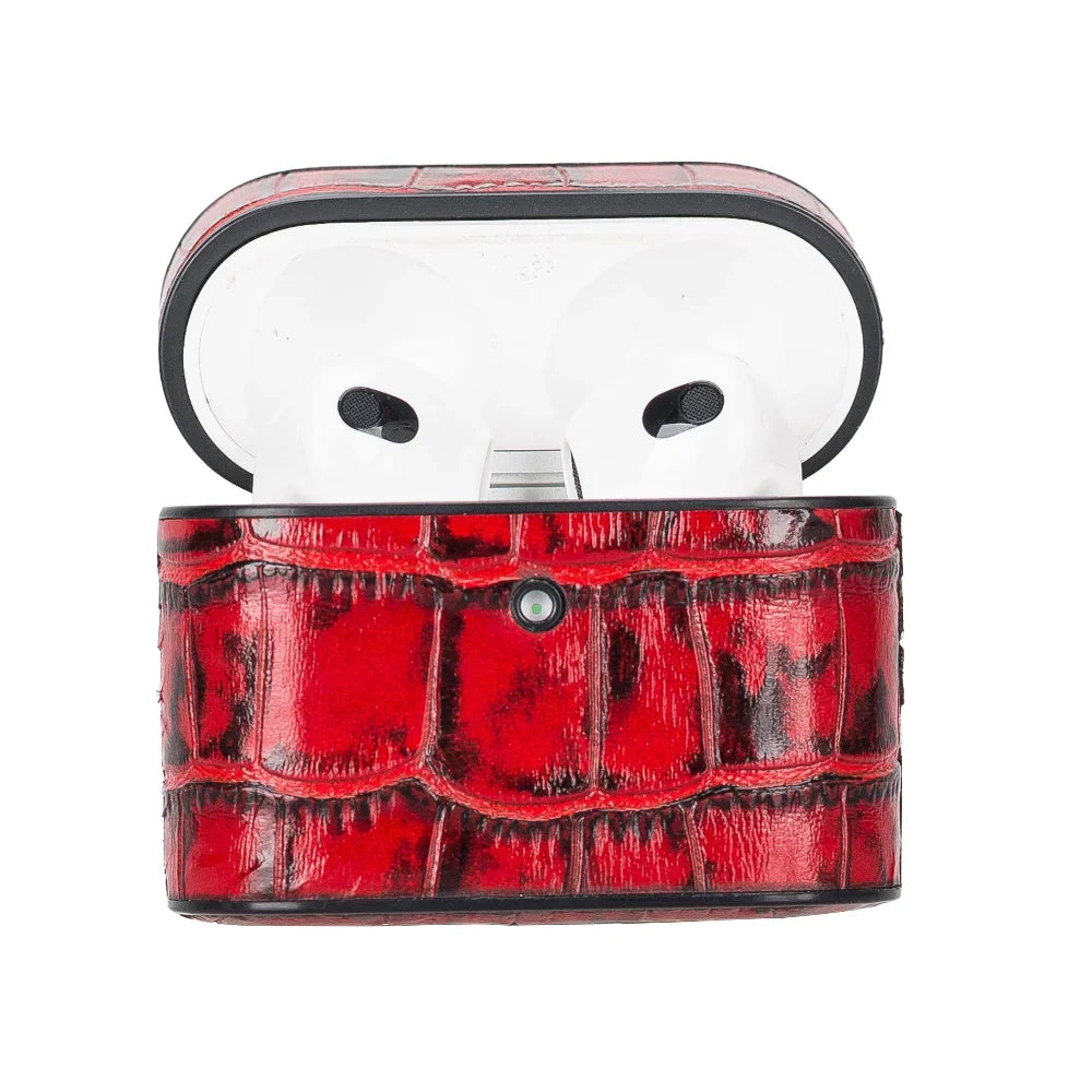 Blauw leren AirPods 3 hoesje, open bovenaanzicht met de witte oordopjes erin