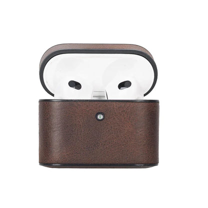 Blauw leren AirPods 3 hoesje, open bovenaanzicht met de witte oordopjes erin