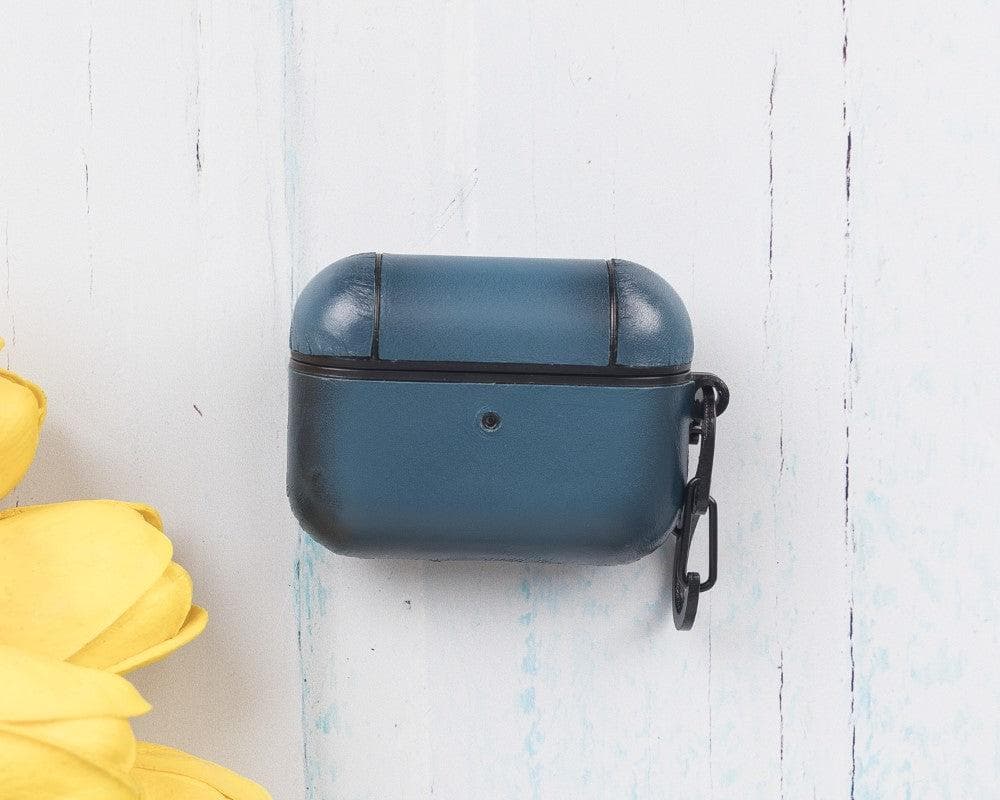 Blauw leren hoesje voor AirPods Pro met zwarte karabijnhaak
