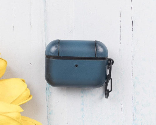 Blauw leren hoesje voor AirPods Pro met zwarte karabijnhaak