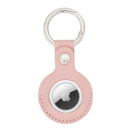 Roze leren AirTag hoesje met zilverkleurige sleutelring