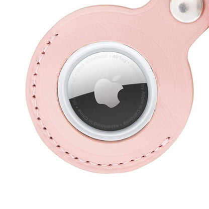 Roze leren AirTag sleutelhanger, achterzijde met drukknoop