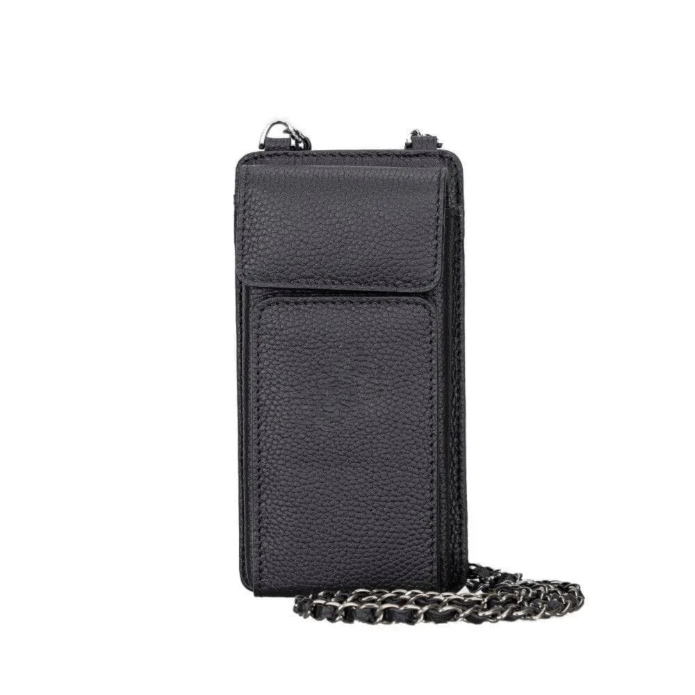 Zwarte leren telefoontas crossbody, voorzijde met ritsvak