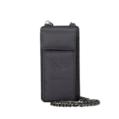 Zwarte leren telefoontas crossbody, voorzijde met ritsvak