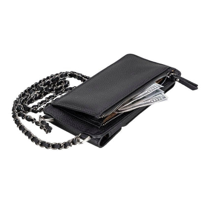 Zwarte leren telefoontas crossbody, zijaanzicht met kettingband