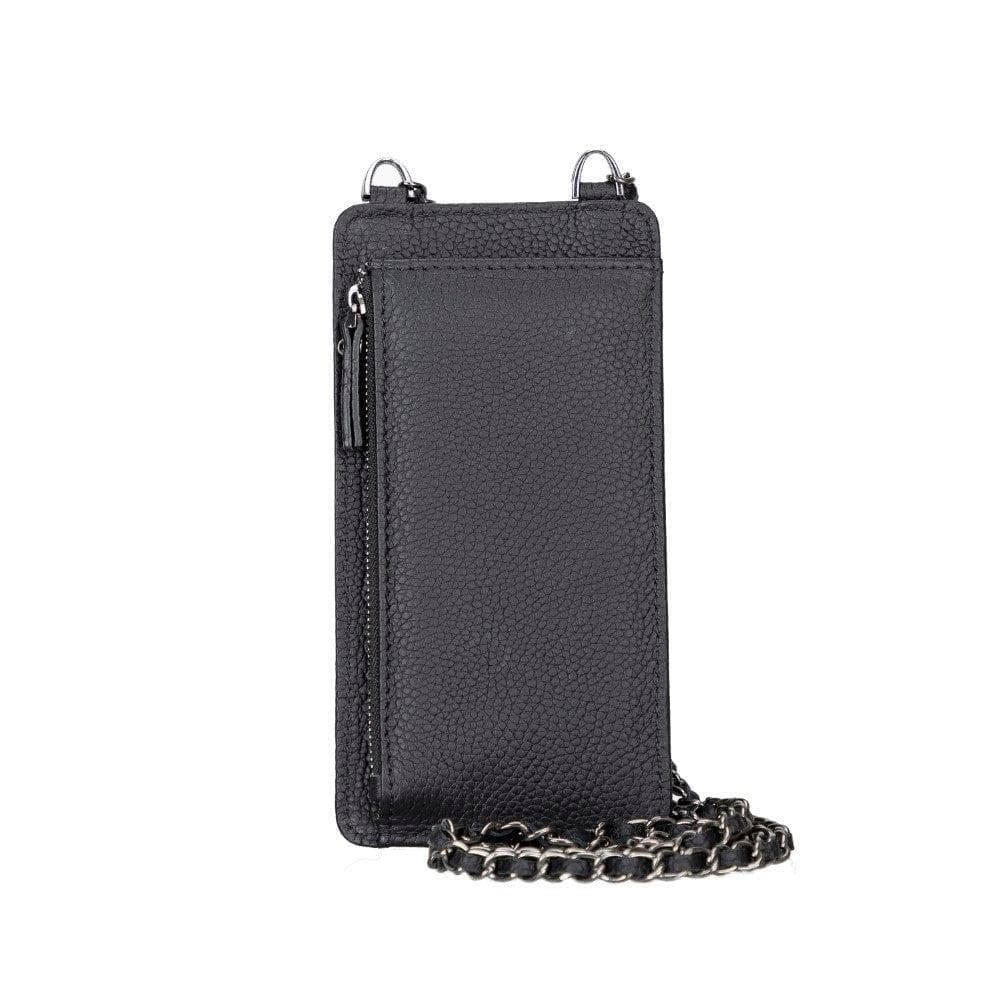 Zwarte leren telefoontas crossbody, detail van de klep