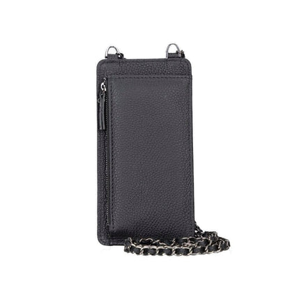 Zwarte leren telefoontas crossbody, detail van de klep