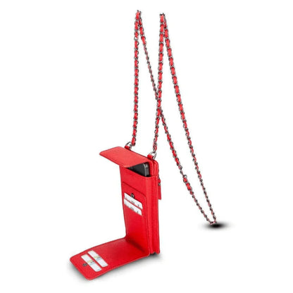 Rode leren telefoontas crossbody met kettingband en ritsvak