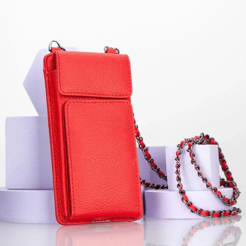 Rode leren telefoontas crossbody met kettingband en ritsvak