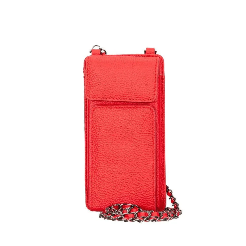 Rode leren telefoontas crossbody met kettingband en ritsvak