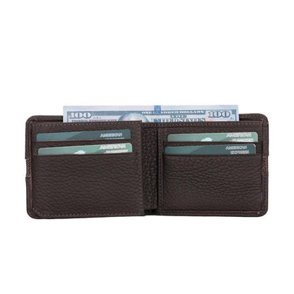 Leren portemonnee in zes kleuren naast elkaar gelegd