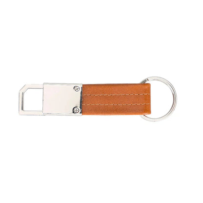 Cognac leren sleutelhanger, achterzijde met schroeven in de metalen klem