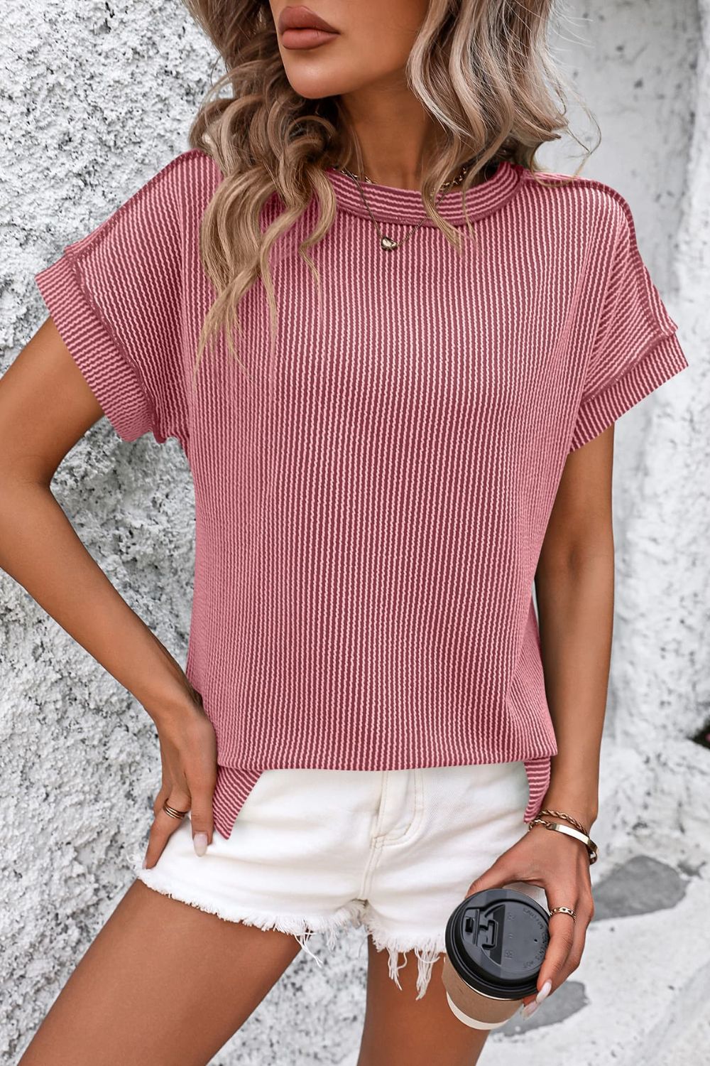 Ribshirt dames met korte mouw in Oudroze
